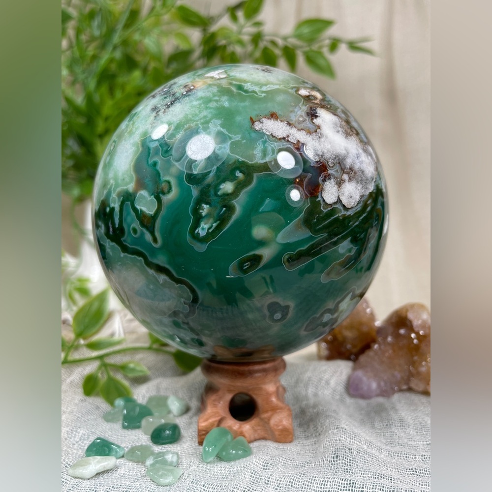 1291 Extra Large Green Flower Agate Crystal Sphere